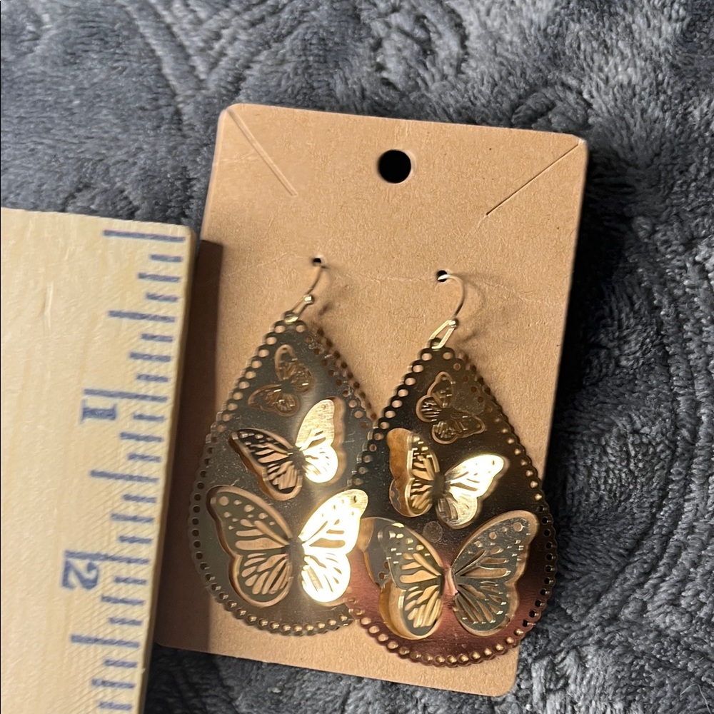 Gold Plated Butterfly Teardrop Earrings - Picture 4 of 5